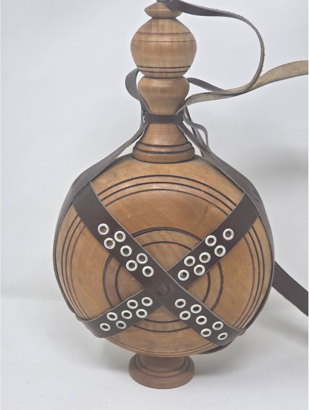 Vintage Turned Wood Baklaha Style Canteen Flask Leather Strap Stopper